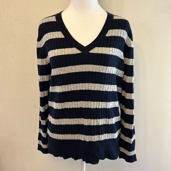 Tommy Hilfiger navy gray striped long sleeve V neck sweater Size XL EUC - Picture 1 of 9